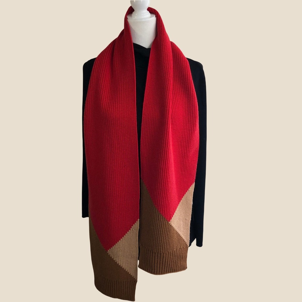& Other Stories Red & Brown Colorblock Ribbed Knit Winter Scarf Womens Chunky